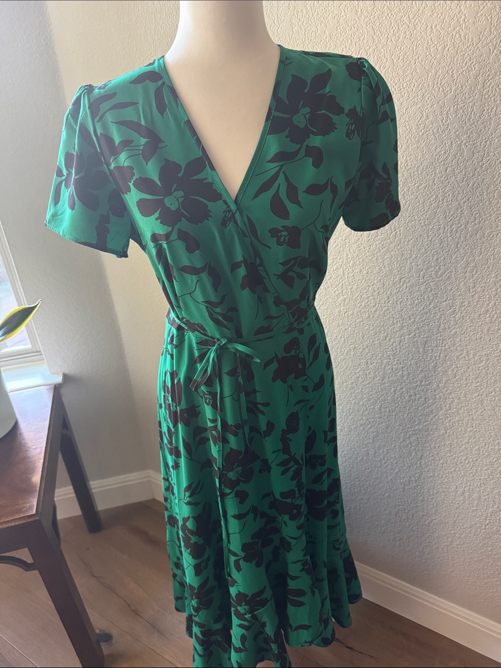 Emerald Floral Wrap Dress with Tie Waist